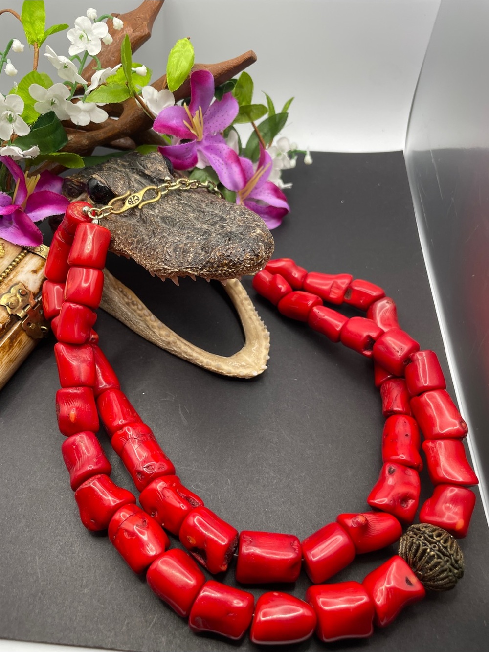 Barse chunky red coral 2 stranded necklace D38